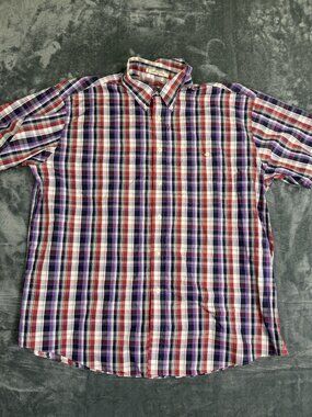 Orvis Mens Plaid Button-Down Short Sleeve Shirt XXL Red Purple White